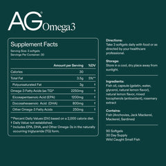 Close-up of AG Omega3 label showing EPA and DHA information