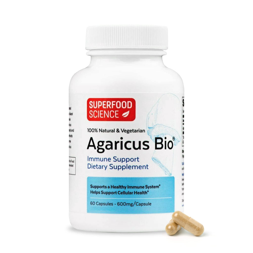 Agaricus Bio 600 mg bottle and capsules