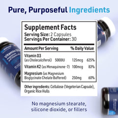 Close-up label of AgeImmune D3+ Complex showing D3 5000 IU, K2, and Magnesium Glycinate