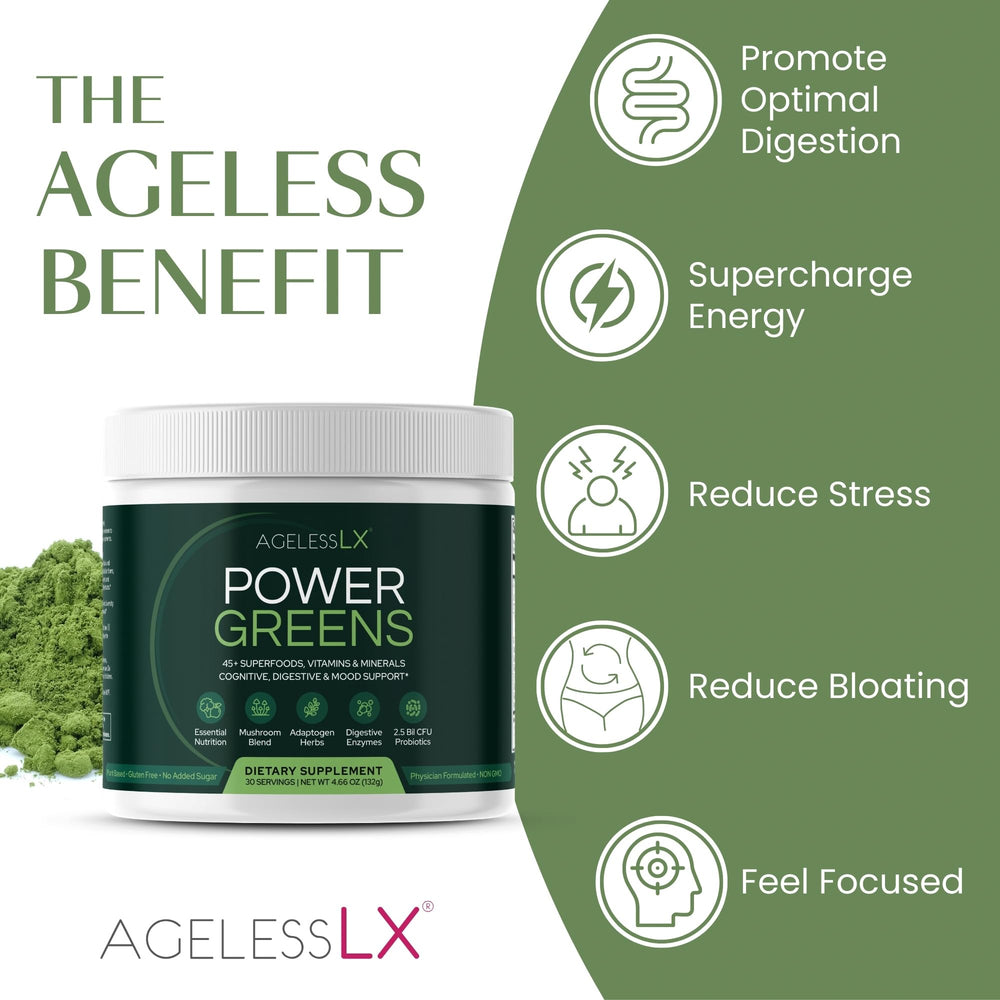 Glass of water with AgelessLX Power Greens mixed