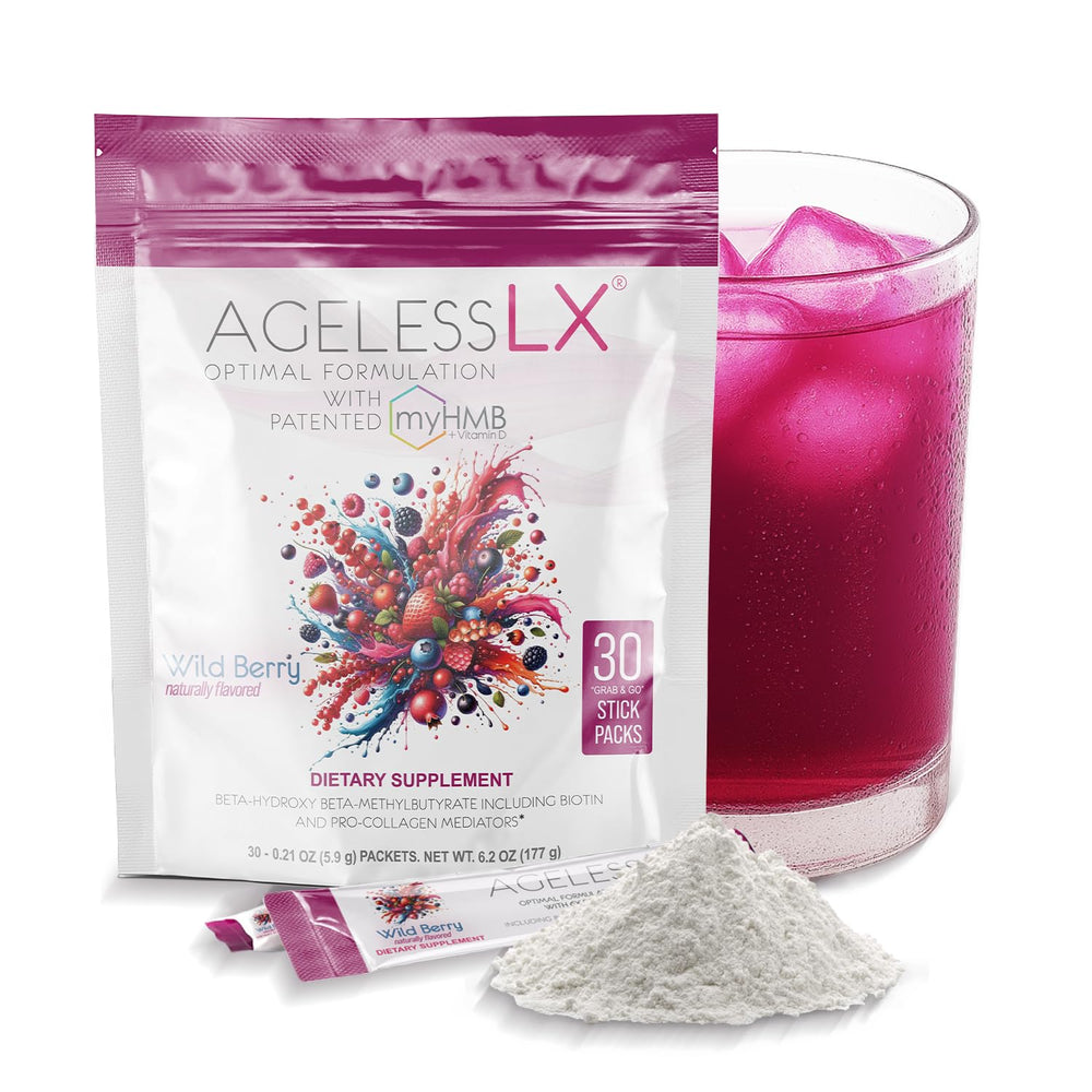 Front view of AgelessLX Wild Berry powder container