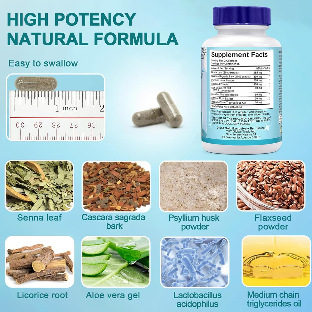 Herbal blend ingredients including Senna Leaf Psyllium Husk Cascara Sagrada