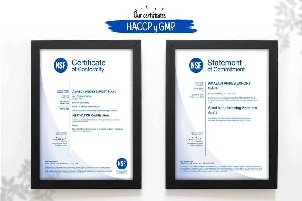 GMP and FDA-registered facility icons on packaging
