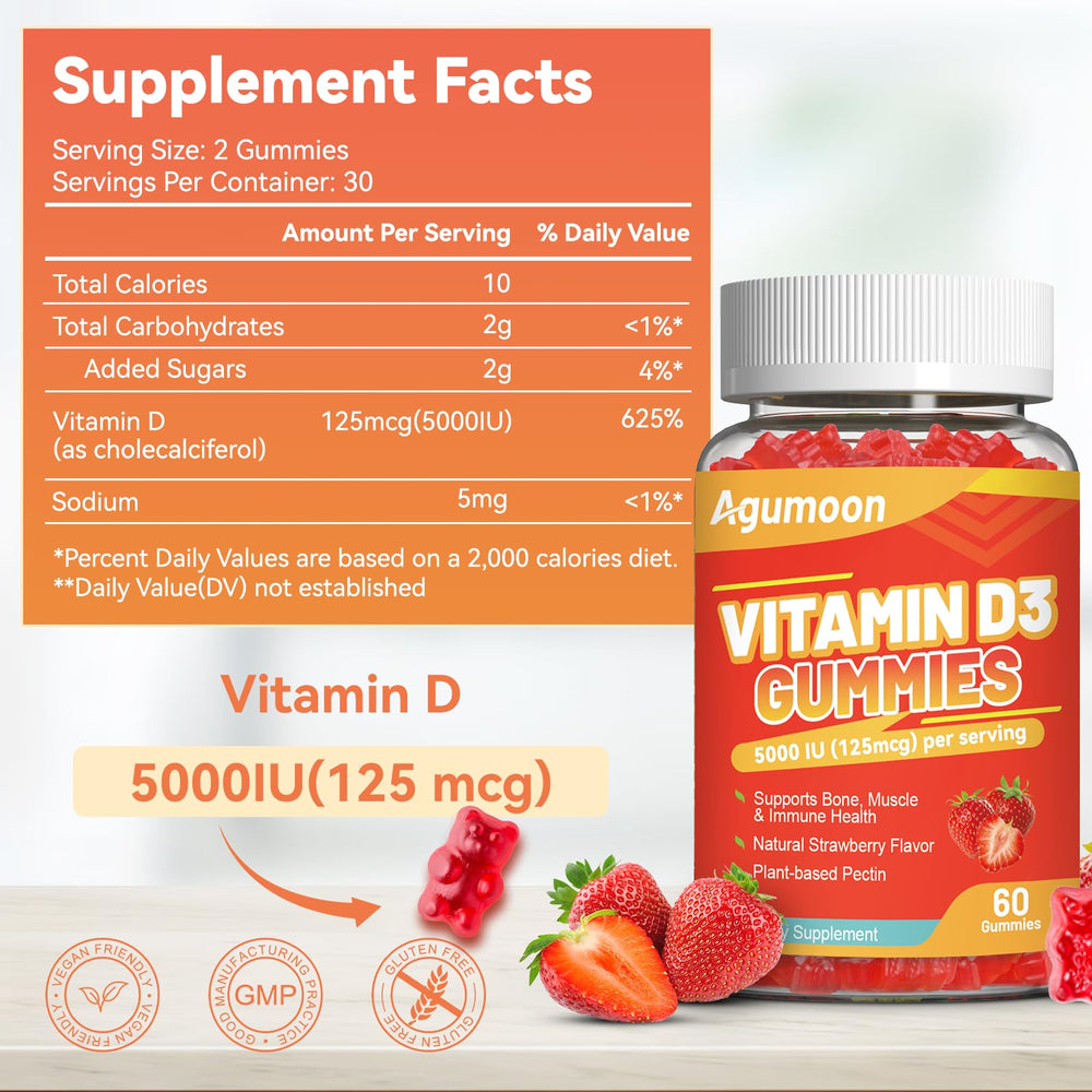 Close-up of Agumoon Vitamin D3 5000 IU Gummies label showing 5000 IU