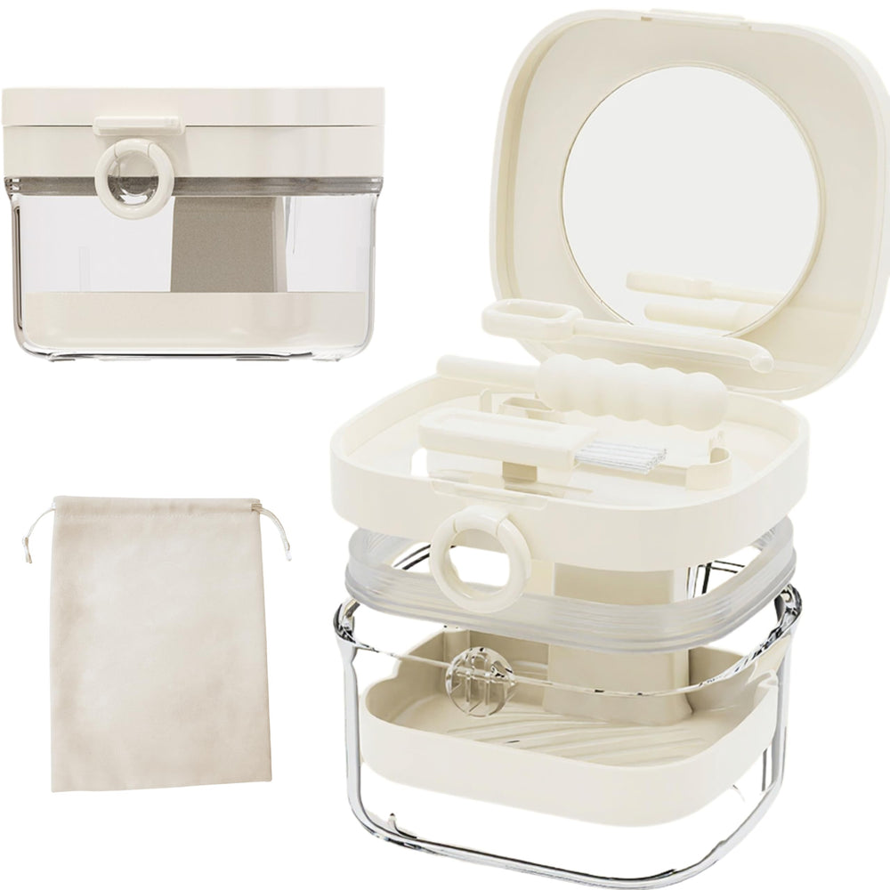 Two-layer AHYUEE denture case with removable inner basket (white)