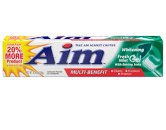 Close-up of Aim Toothpaste label on the 6 oz tube