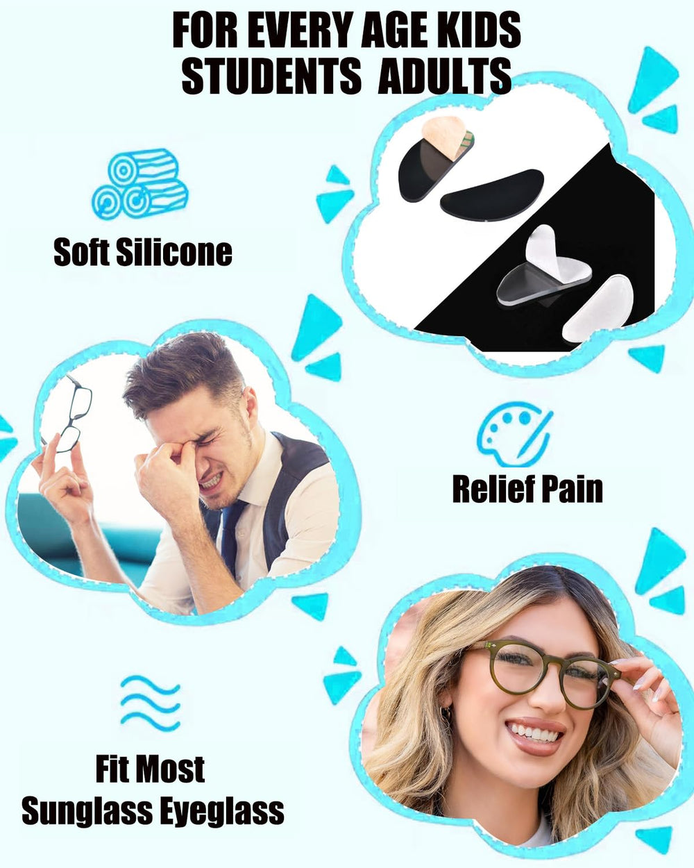 Glasses with silicone nose pads providing comfortable fit
