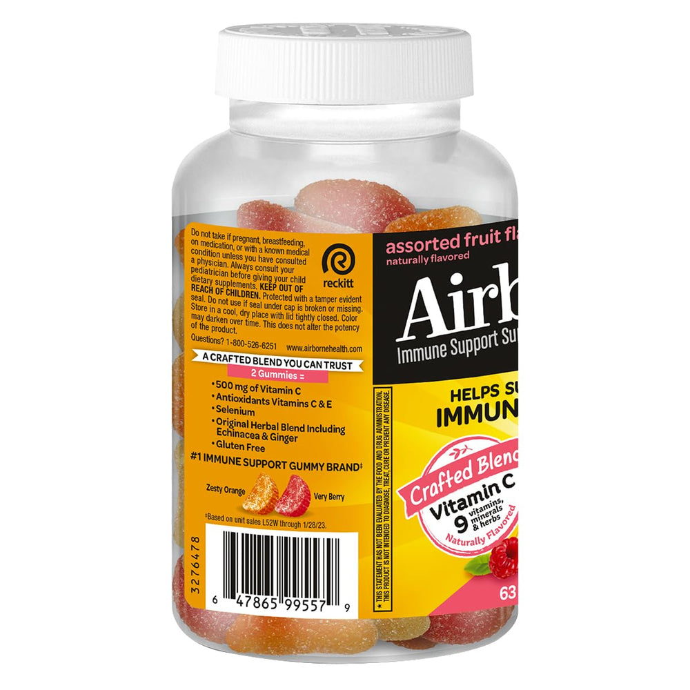 Graphic highlighting Vitamin C, Vitamin E and Selenium in Airborne Kids gummies