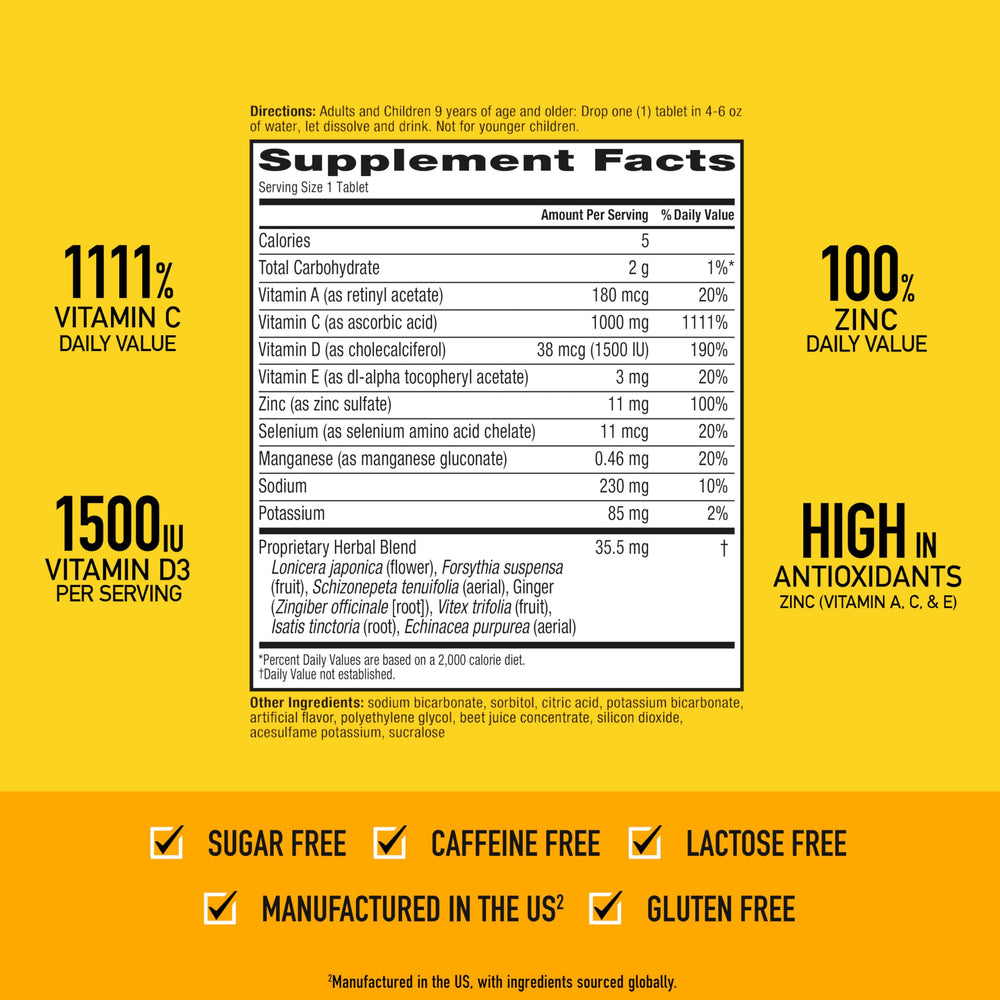 Airborne effervescent tablet bottle shown for travel-friendly immune support on the go.