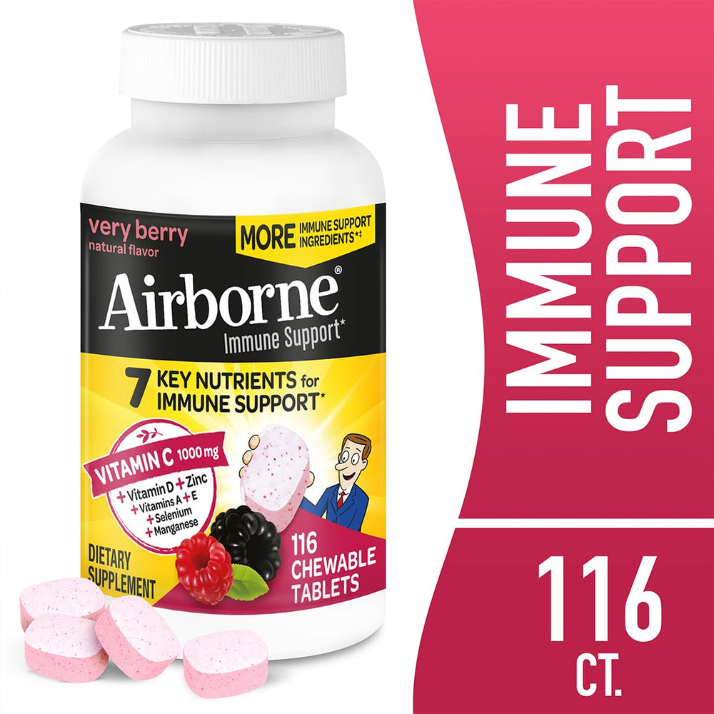 Close-up of Airborne 1000mg Vitamin C + Zinc chewables in berry