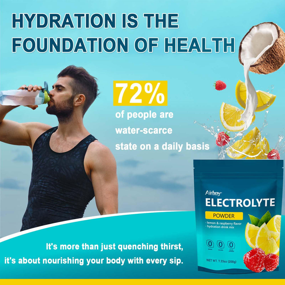 Airboy electrolytes powder label closeup emphasizing no sugar and Keto formula