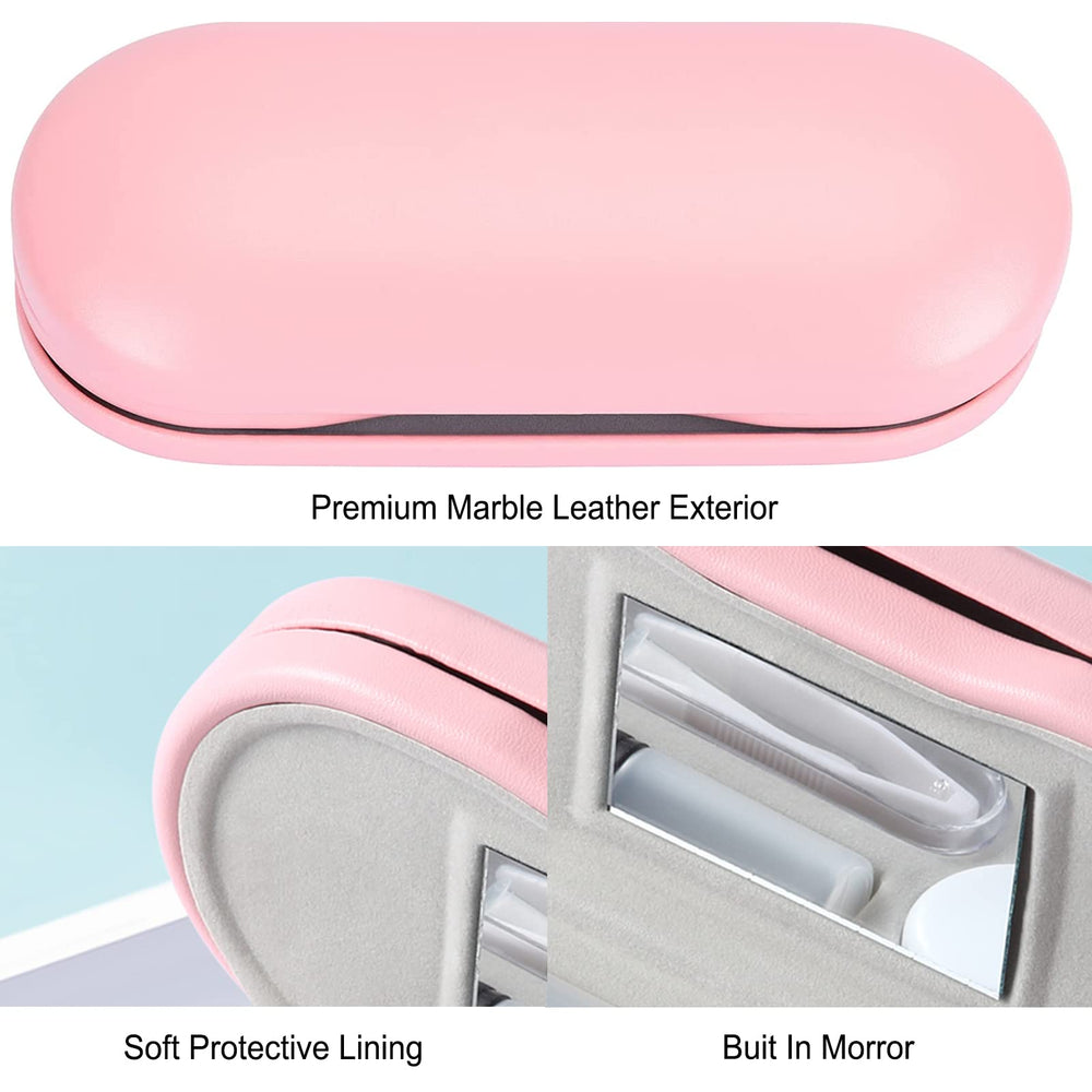 Double hinge design with built-in mirror for travel use