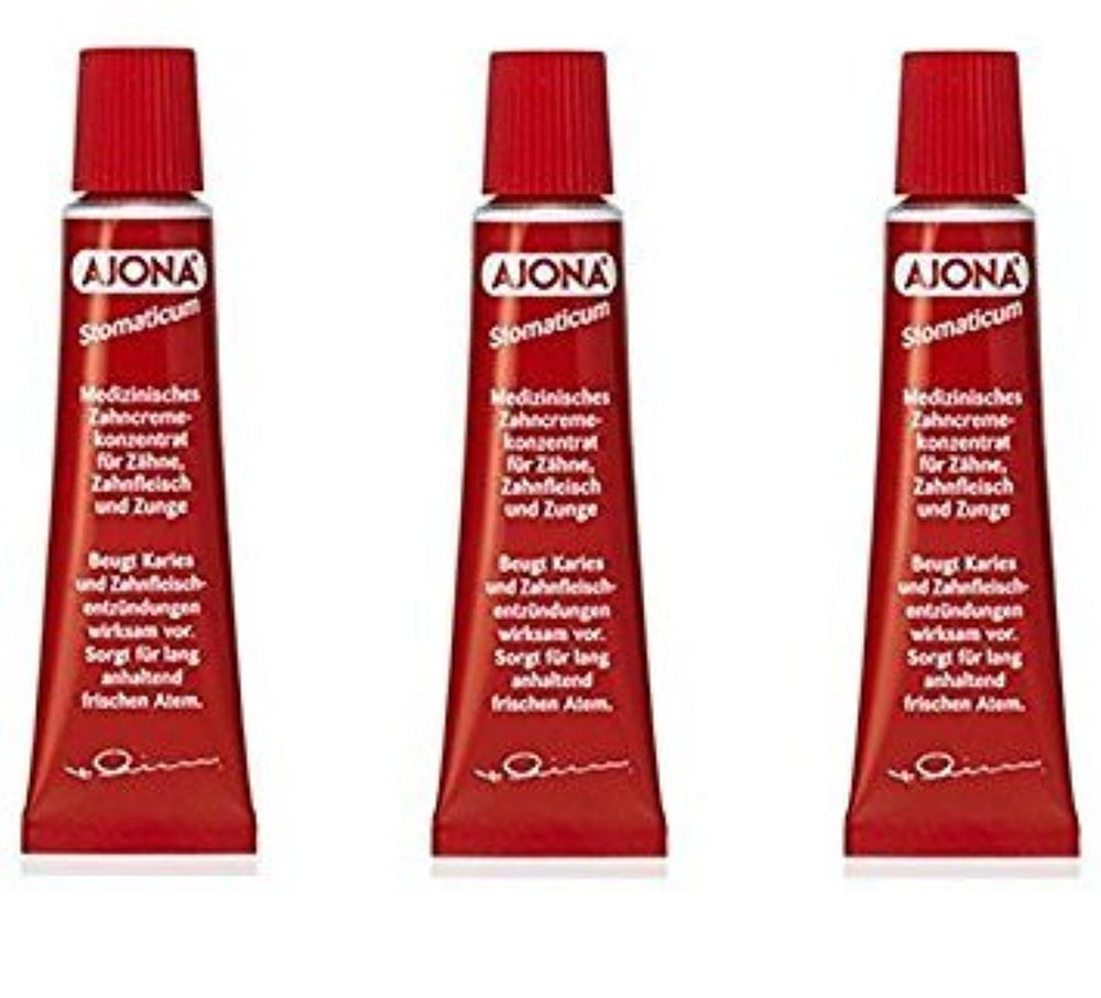 Ajona Stomatikum toothpaste 25ml pack of 3 – front view with packaging
