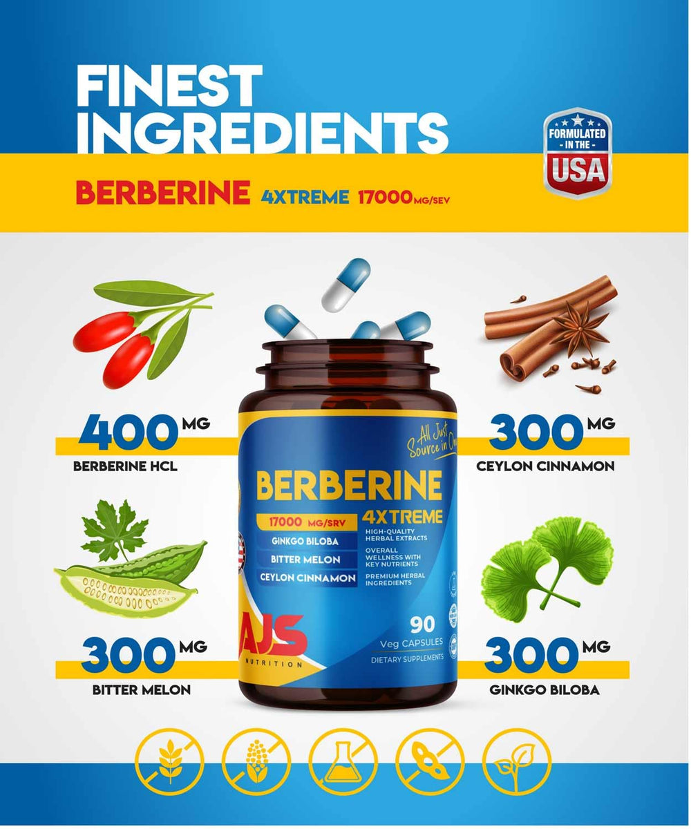 Nutrition facts panel and serving size information for AJS Berberine