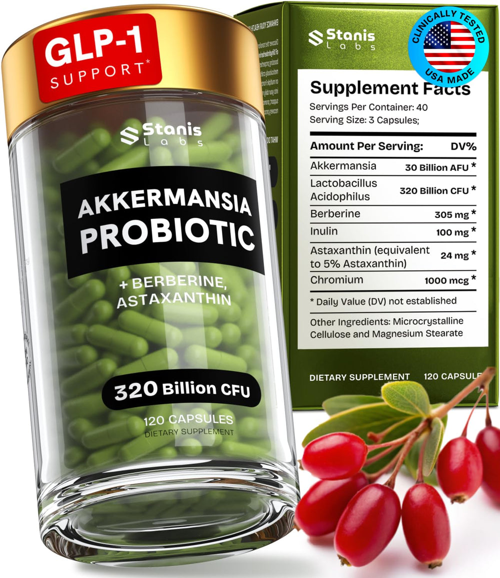 Akkermansia muciniphila probiotic bottle with 320B CFU label