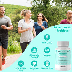 Front and back view of Akkermansia Probiotic bottle