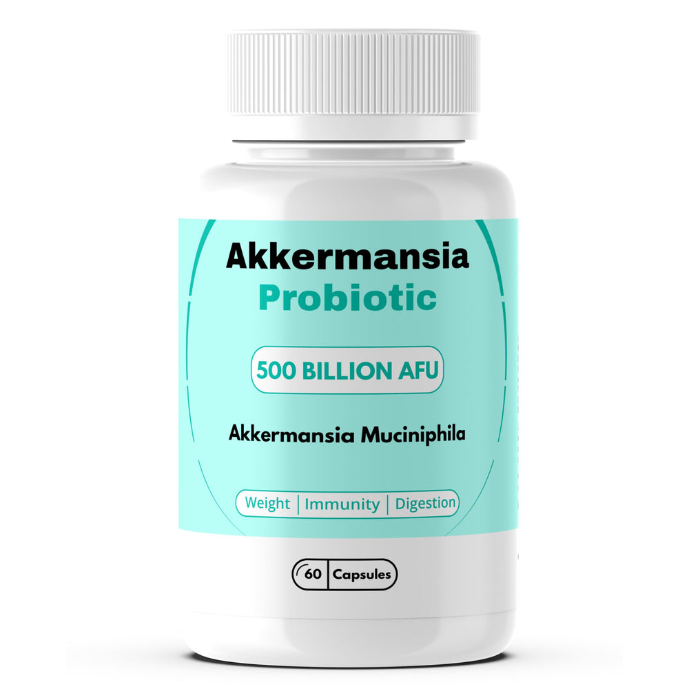 Bottle of Akkermansia Probiotic 500B CFU capsules with label