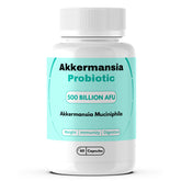 Bottle of Akkermansia Probiotic 500B CFU capsules with label