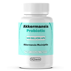 Bottle of Akkermansia Probiotic 500B CFU capsules with label