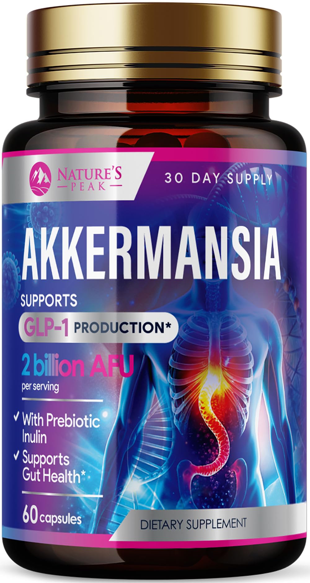 Akkermansia probiotic supplement bottle with 60 capsules