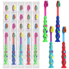 Blue candy-themed kids toothbrush with soft bristles and suction cup