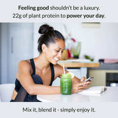 Alaya Naturals vanilla protein powder blend in a bowl with other ingredients
