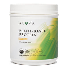 Alaya Naturals vanilla protein powder bottle for a convenient plant-based protein boost