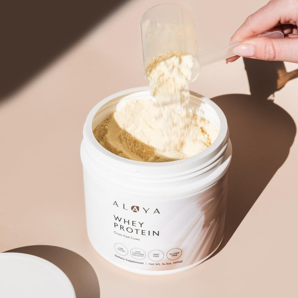 Alaya Naturals vanilla whey protein shake image emphasizing smooth mixing and great taste