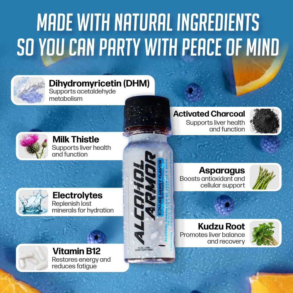 Alcohol Armor Recovery Shot back-label highlights natural ingredients and supportive formulation