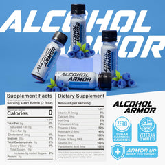 Alcohol Armor Recovery Shot bottle front shows dye-free formula for cleaner ingredients