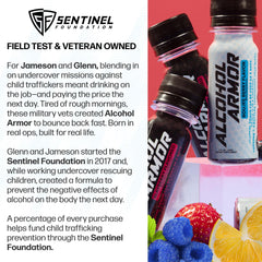 Alcohol Armor Recovery Shot dye-free label emphasizes clean ingredients