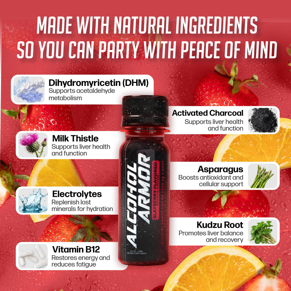 Alcohol Armor Recovery Shot label close-up emphasizes natural DHM and plant-based ingredients.