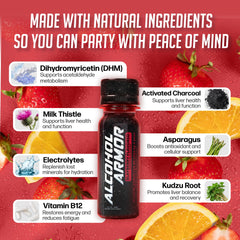 Alcohol Armor Recovery Shot label close-up emphasizes natural DHM and plant-based ingredients.