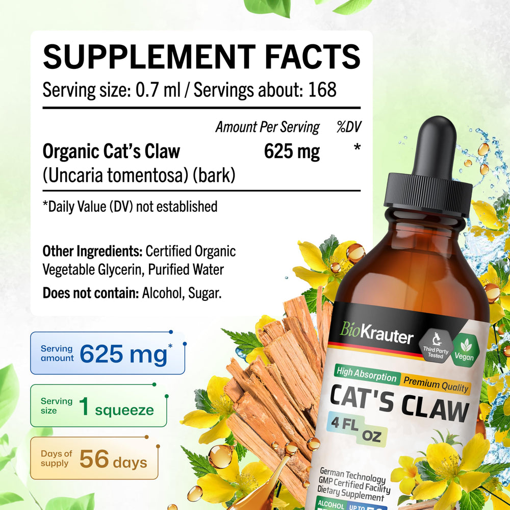 Alcohol-free vegan cats claw tincture label