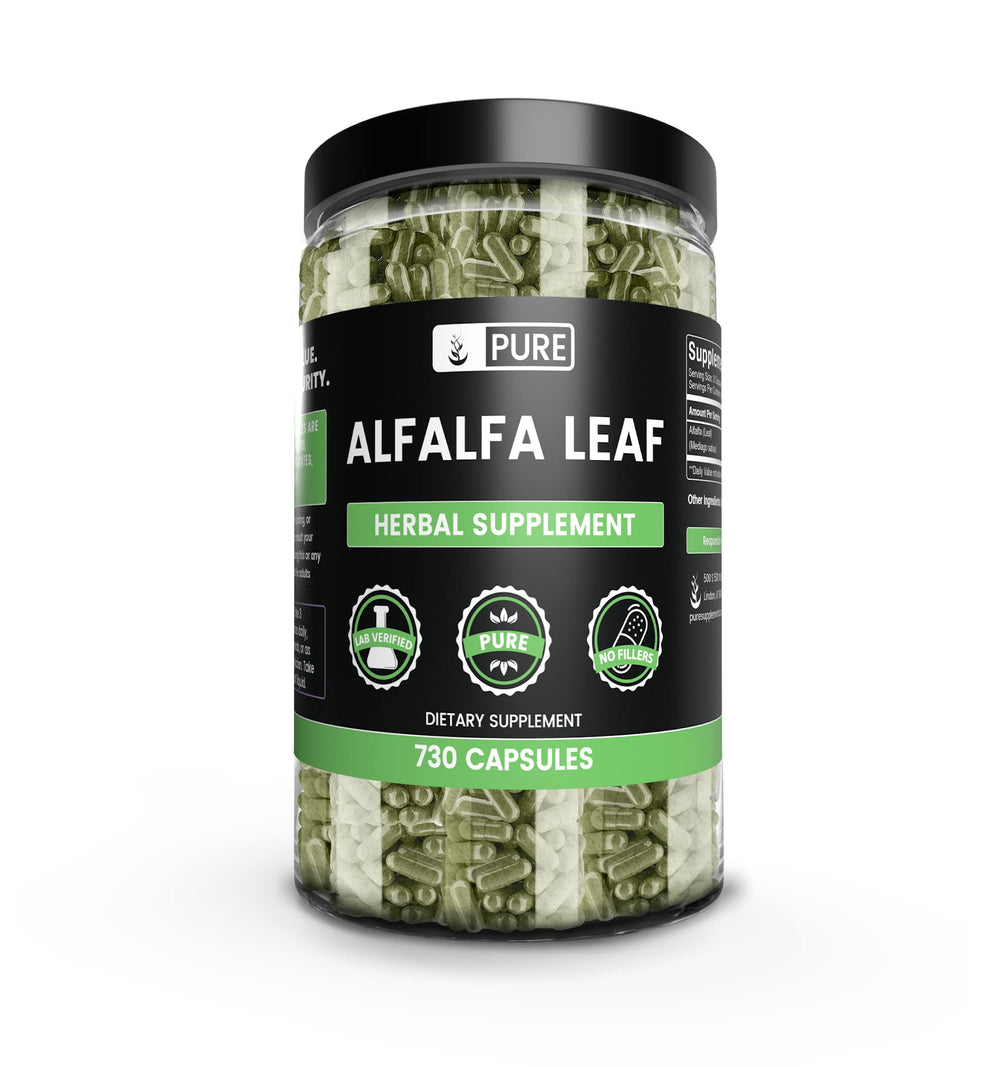 Alfalfa leaf capsules bottle label showing 730-count