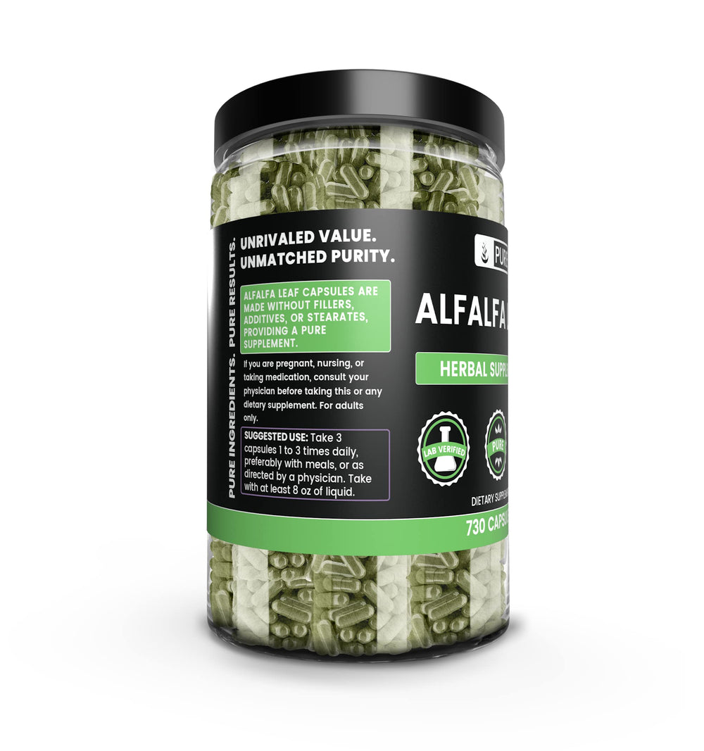 Close-up of single-ingredient alfalfa leaf capsules