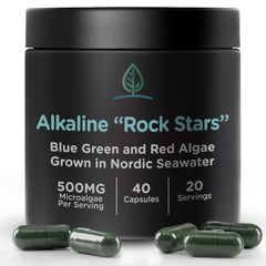 Alkaline Rock Stars algae supplement bottle featuring blue, green, and red algae blend