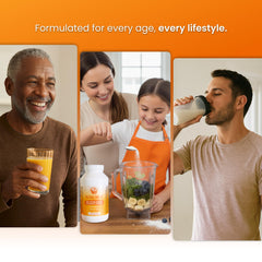 Product shown with a glass of vitamin drink mix