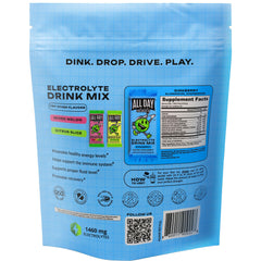 ALL DAY Vitality Dinkberry nutrition facts highlight non-GMO and zero sugar formulation.