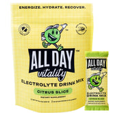 ALL DAY Vitality pickleball electrolyte packets front label supports on-court hydration and endurance