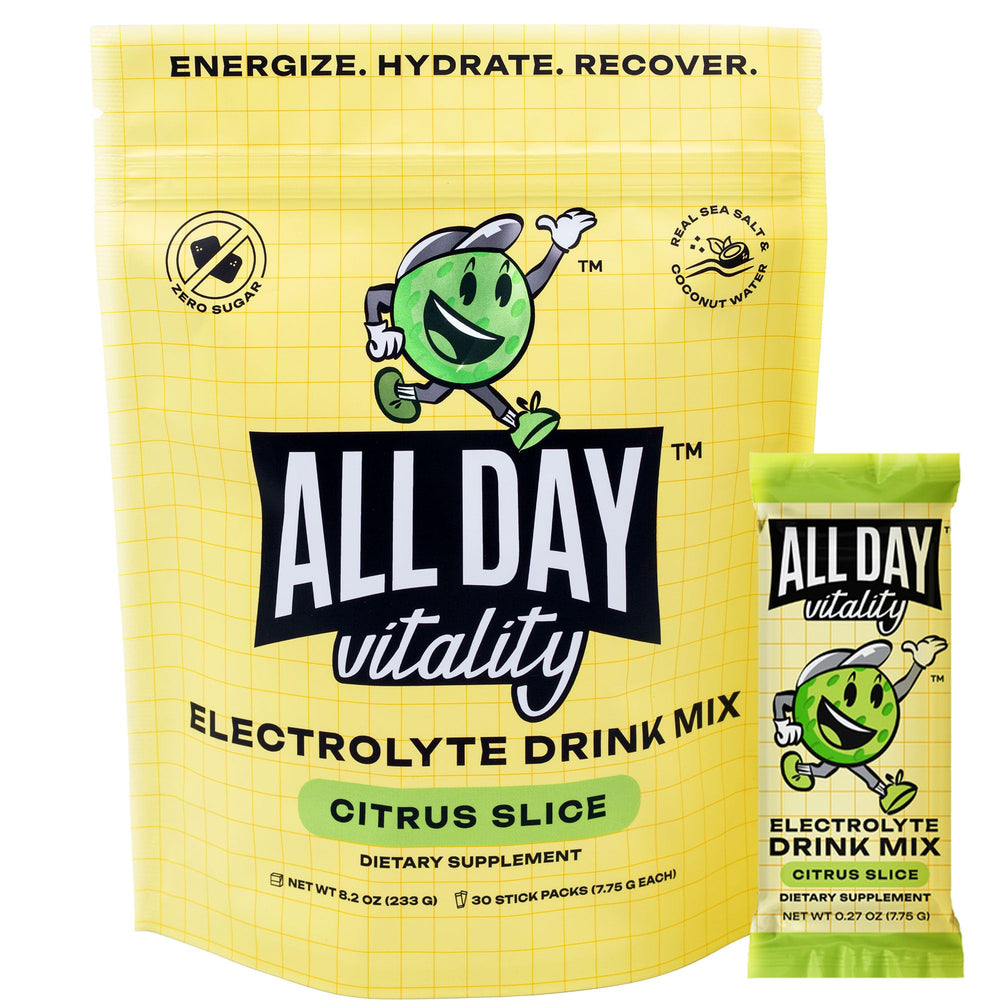 ALL DAY Vitality pickleball electrolyte packets front label supports on-court hydration and endurance