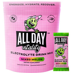 ALL DAY Vitality electrolyte packets label shows mixed melon for on-court hydration