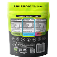 ALL DAY Vitality pickleball electrolyte sticks close-up in glass shows steady energy without crashes.