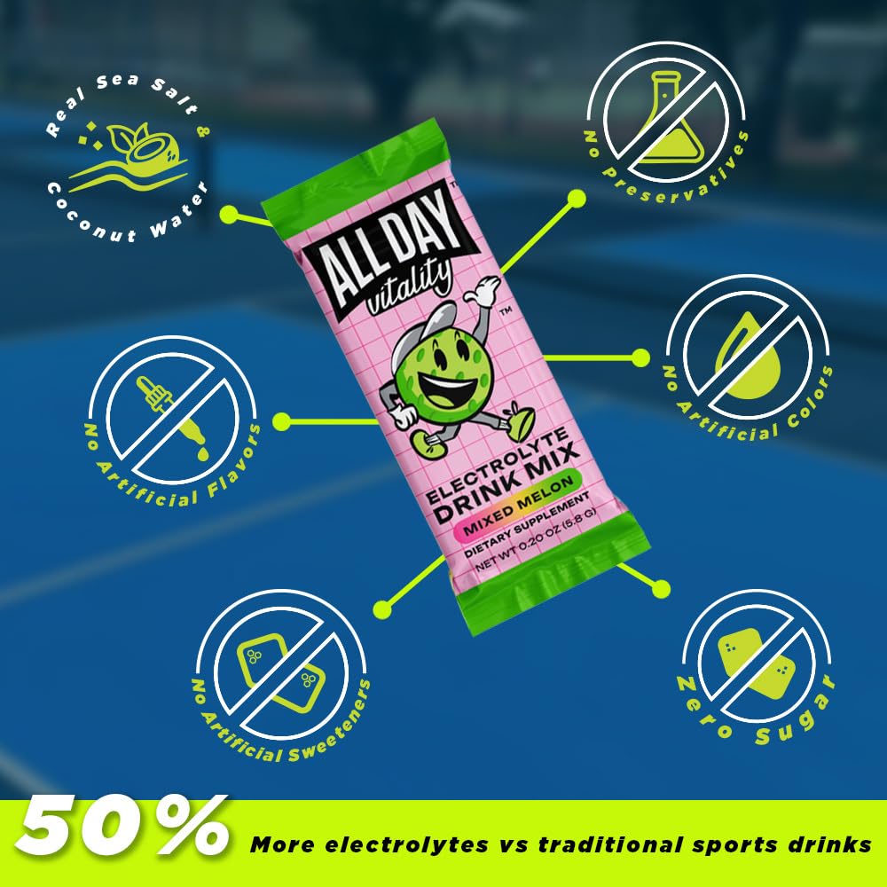 ALL DAY Vitality on-court hydration setup with electrolyte sticks for endurance