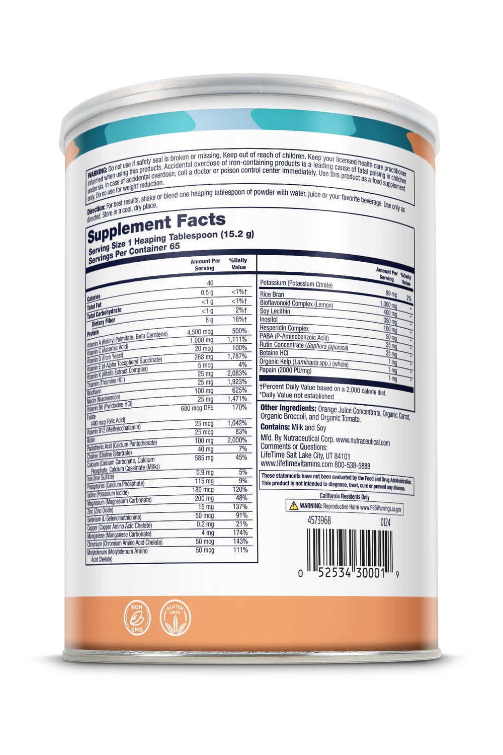 Close-up of ALL ONE powder scoop showing 8g protein per serving