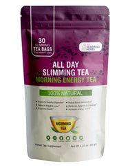 All Slimming Herbs daytime tea packaging highlights vegan non-GMO ingredients for clean sipping.
