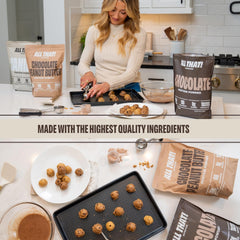 ALL THAT! NUTRITION chocolate peanut butter powder close-up reveals creamy powder and rich aroma