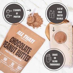 ALL THAT! NUTRITION protein powder bottle on shelf demonstrates 30 servings for daily use