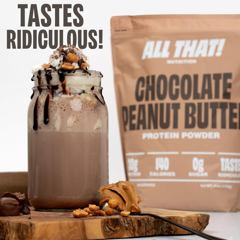 ALL THAT! NUTRITION canister in kitchen scene illustrates easy mixing with milk