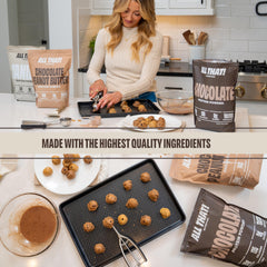 ALL THAT! NUTRITION chocolate protein powder nutrition panel highlights calories and protein